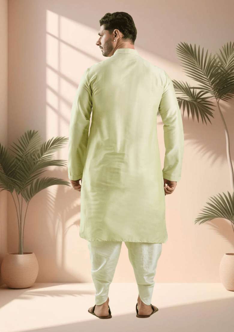 Pista Green Embroidered Silk Blend Kurta Set For Men - Indya