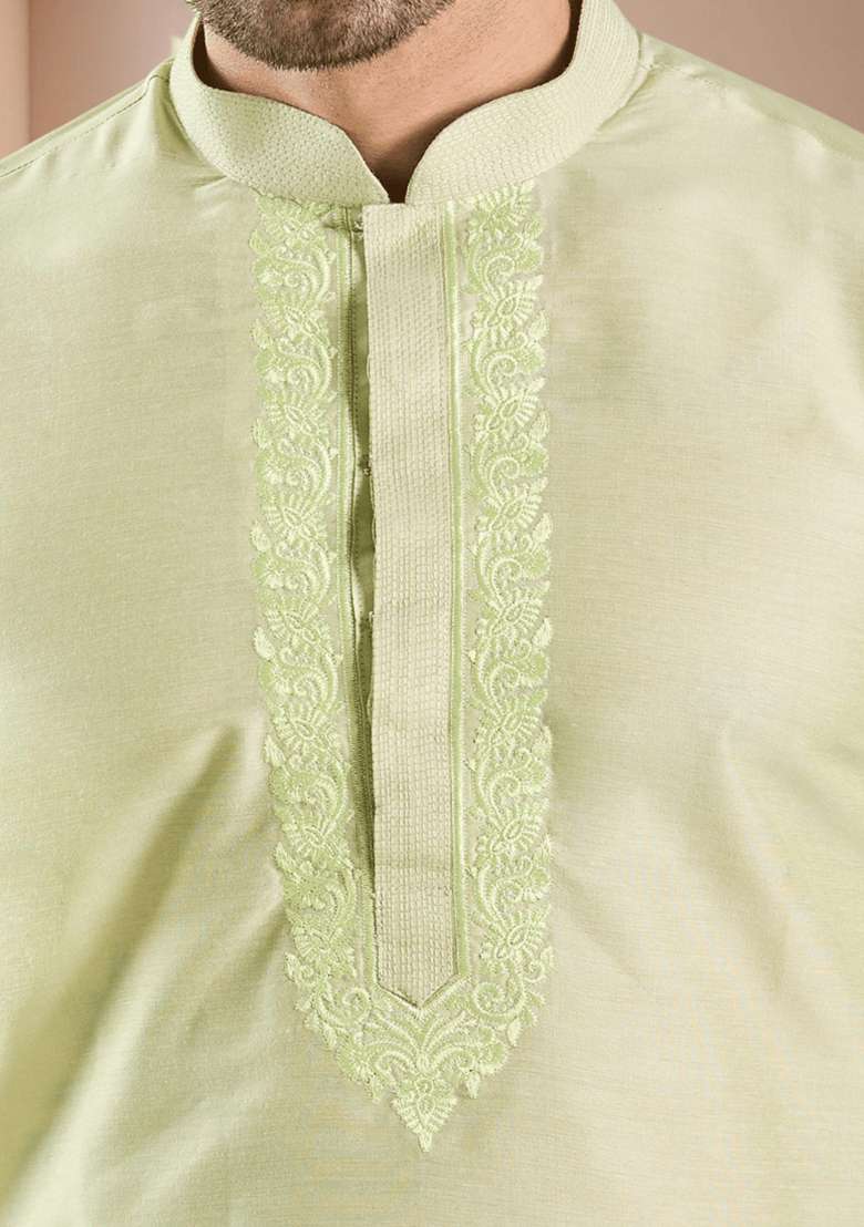 Pista Green Embroidered Silk Blend Kurta Set For Men - Indya