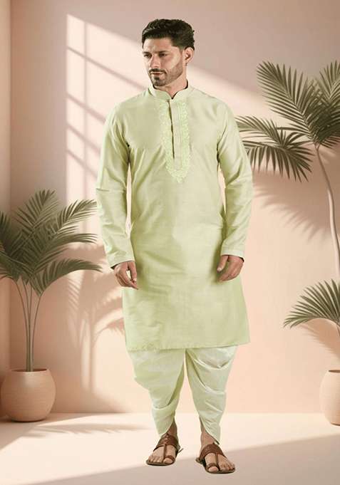Pista Green Embroidered Silk Blend Kurta Set For Men