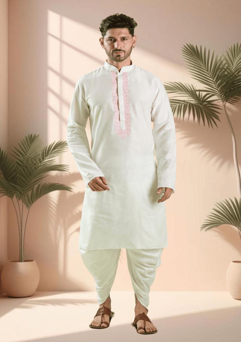 Off White Embroidered Silk Kurta Set For Men