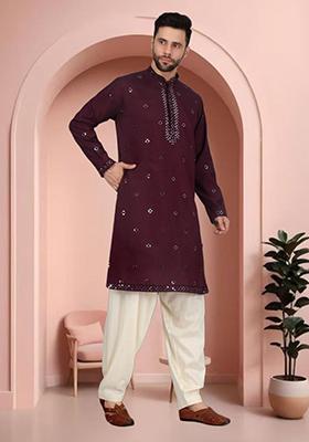 Wine Mirror Work Silk Blend Kurta Set For Men