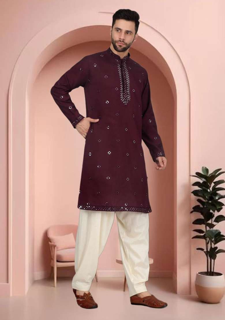 Wine Mirror Work Silk Blend Kurta Set For Men - Indya