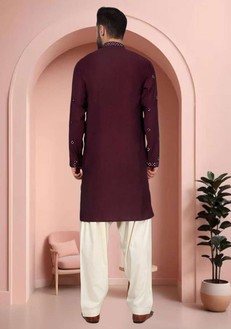 Wine Mirror Work Silk Blend Kurta Set For Men - Indya