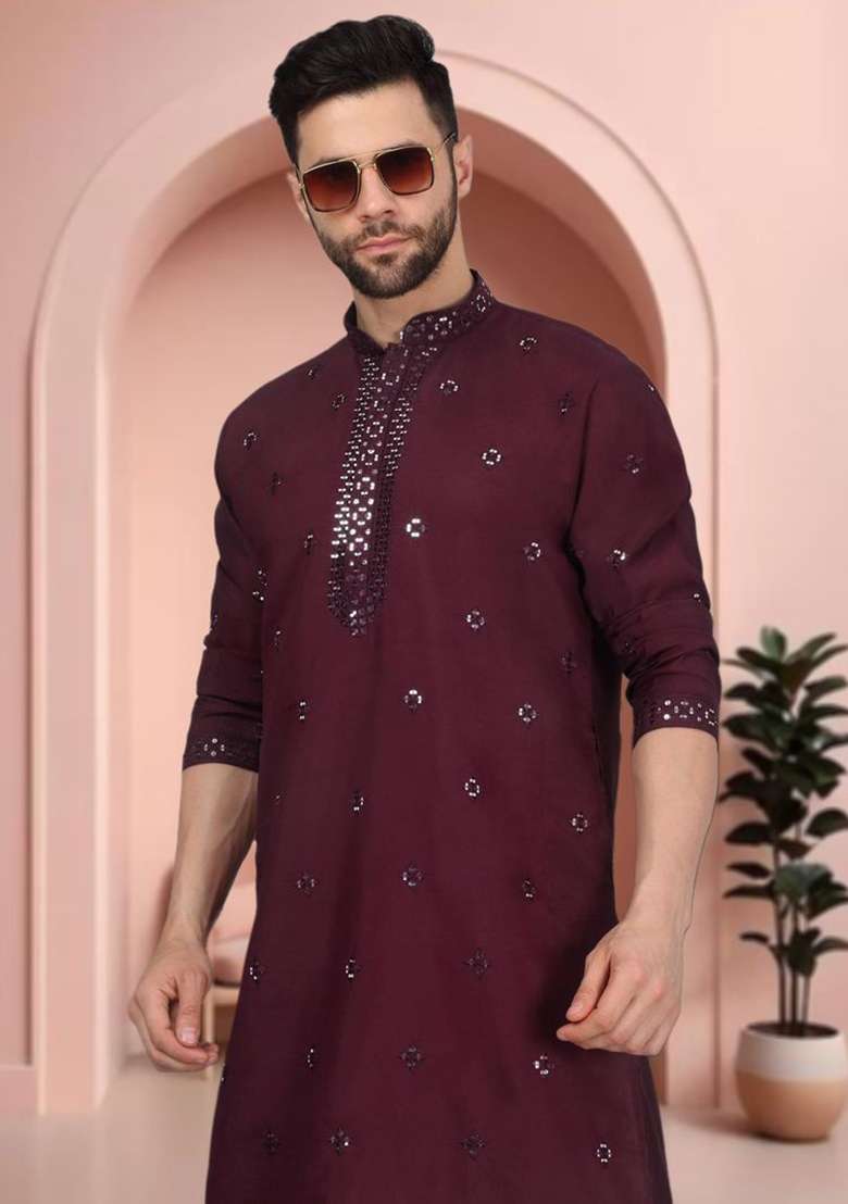 Wine Mirror Work Silk Blend Kurta Set For Men - Indya