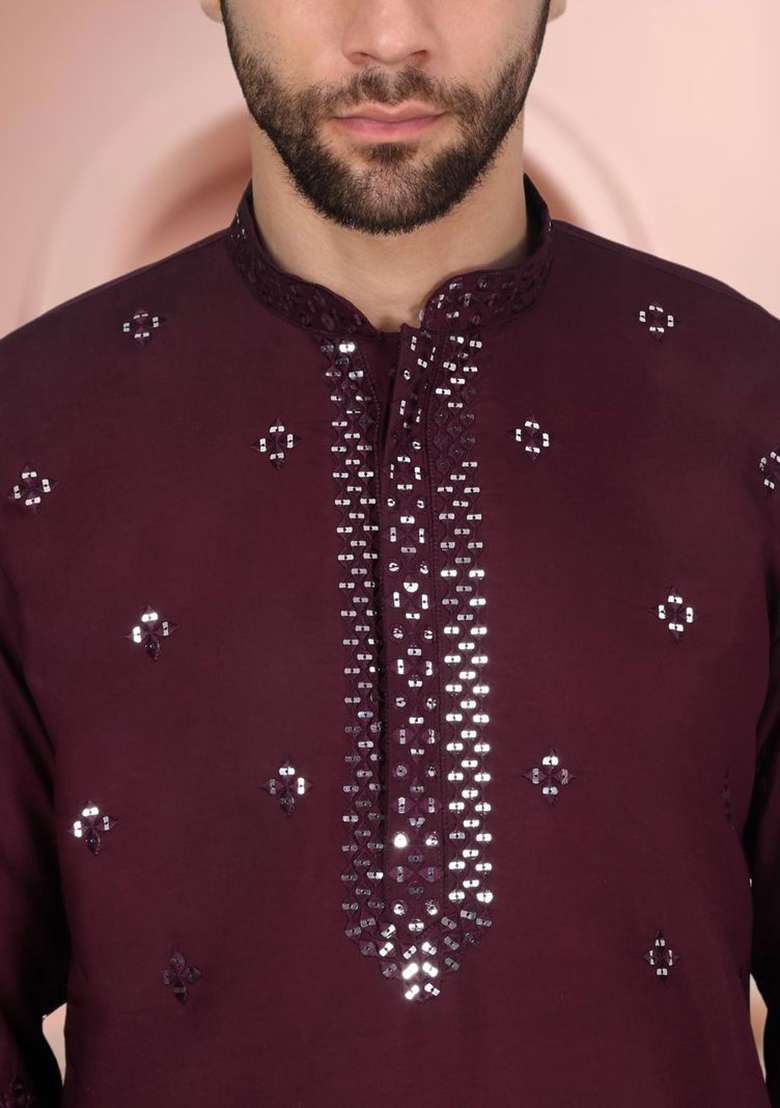 Wine Mirror Work Silk Blend Kurta Set For Men - Indya