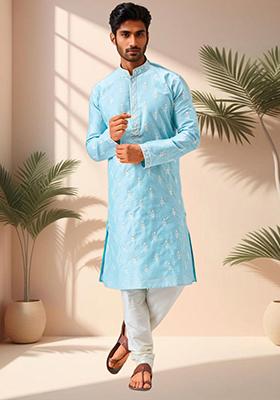 Sky Blue Embroidered Silk Blend Kurta Set For Men