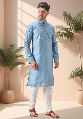 Sky Blue Embroidered Silk Blend Kurta Set For Men