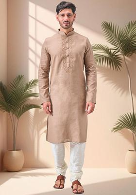 Chiku Brown Embroidered Linen Kurta Set For Men