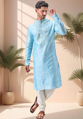Sky Blue Embroidered Silk Blend Kurta Set For Men