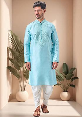 Sky Blue Mirror Work Silk Blend Kurta Set For Men