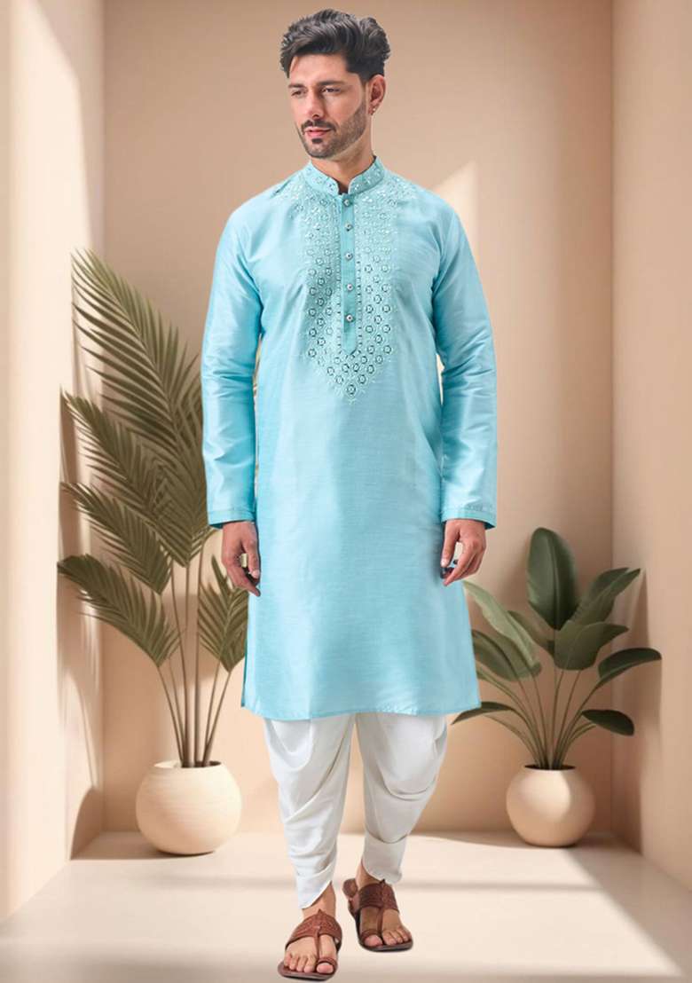 Sky Blue Mirror Work Silk Blend Kurta Set For Men - Indya