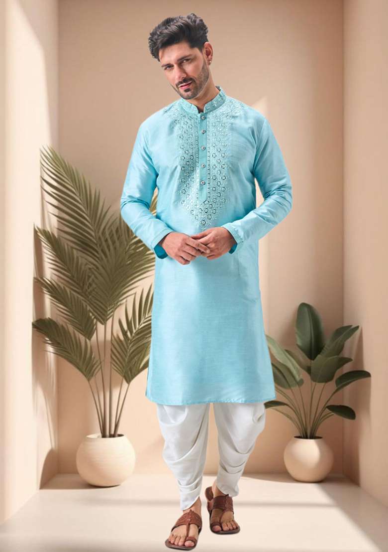 Sky Blue Mirror Work Silk Blend Kurta Set For Men - Indya