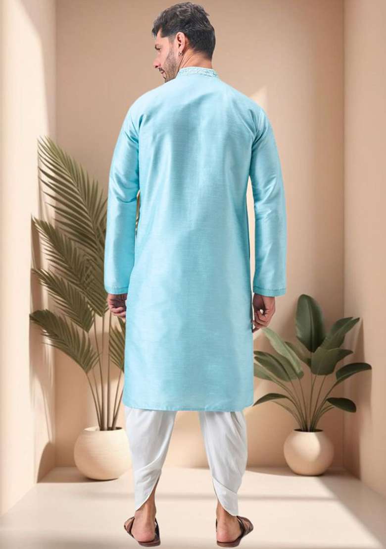 Sky Blue Mirror Work Silk Blend Kurta Set For Men - Indya