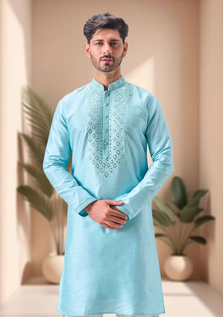 Sky Blue Mirror Work Silk Blend Kurta Set For Men - Indya