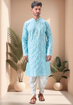 Sky Blue Embroidered Silk Blend Kurta Set For Men