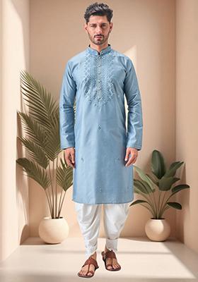 Sky Blue Embroidered Silk Blend Kurta Set For Men