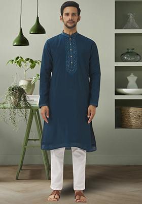Sea Green Embroidered Silk Blend Kurta Set For Men