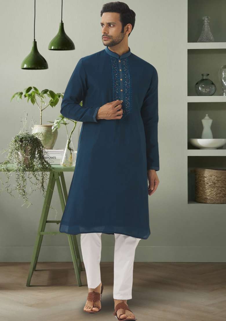 Sea Green Embroidered Silk Blend Kurta Set For Men - Indya