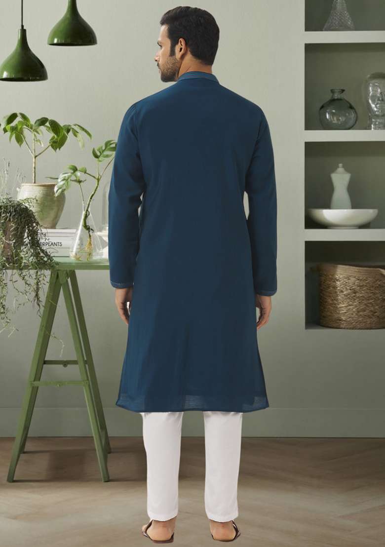 Sea Green Embroidered Silk Blend Kurta Set For Men - Indya