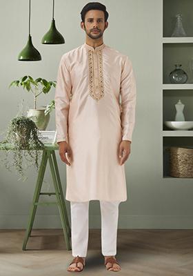 Beige Embroidered Silk Blend Kurta Set For Men