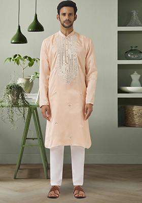 Beige Embroidered Cotton Kurta Set For Men