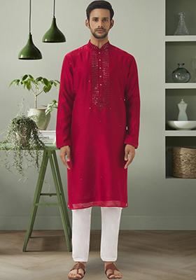 Red Embroidered Silk Blend Kurta Set For Men