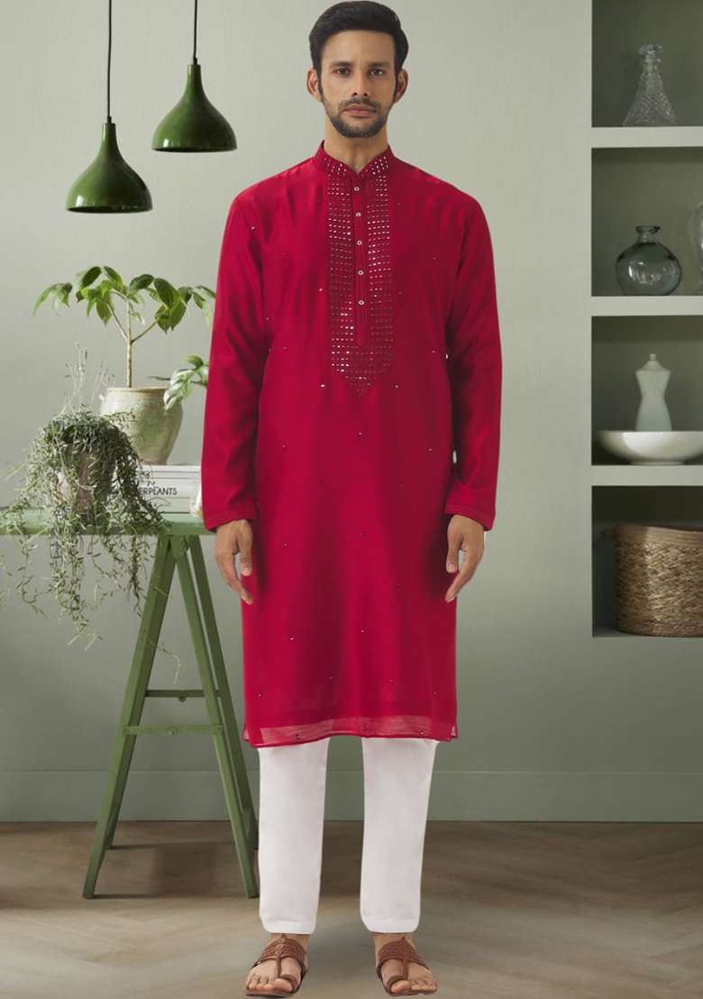 Red Embroidered Silk Blend Kurta Set For Men - Indya