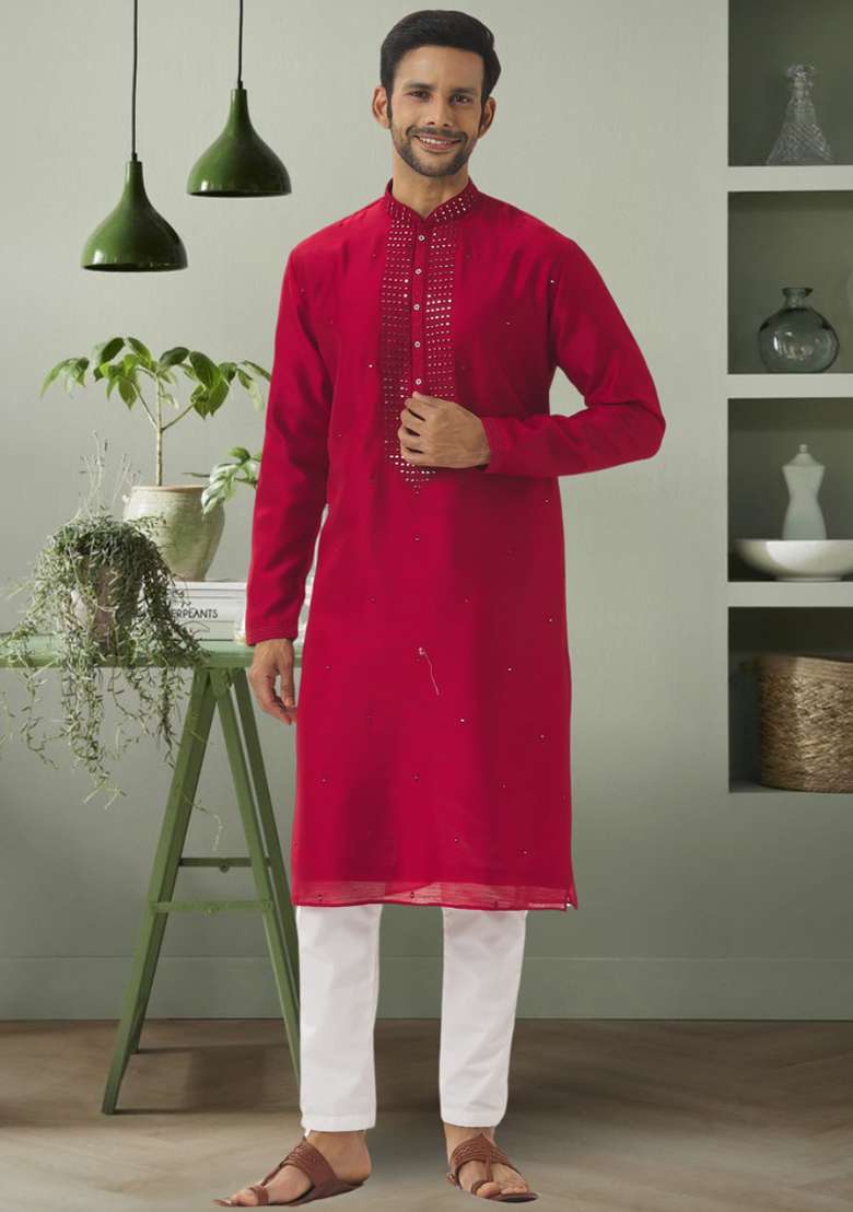 Red Embroidered Silk Blend Kurta Set For Men - Indya