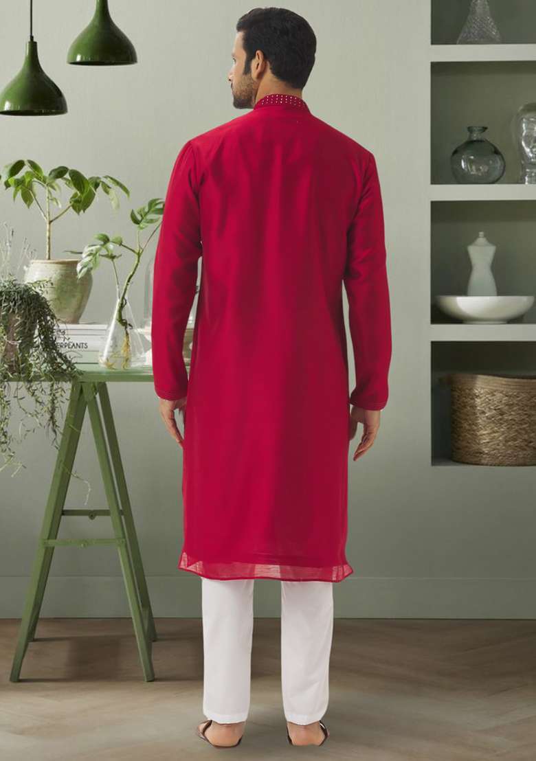 Red Embroidered Silk Blend Kurta Set For Men - Indya
