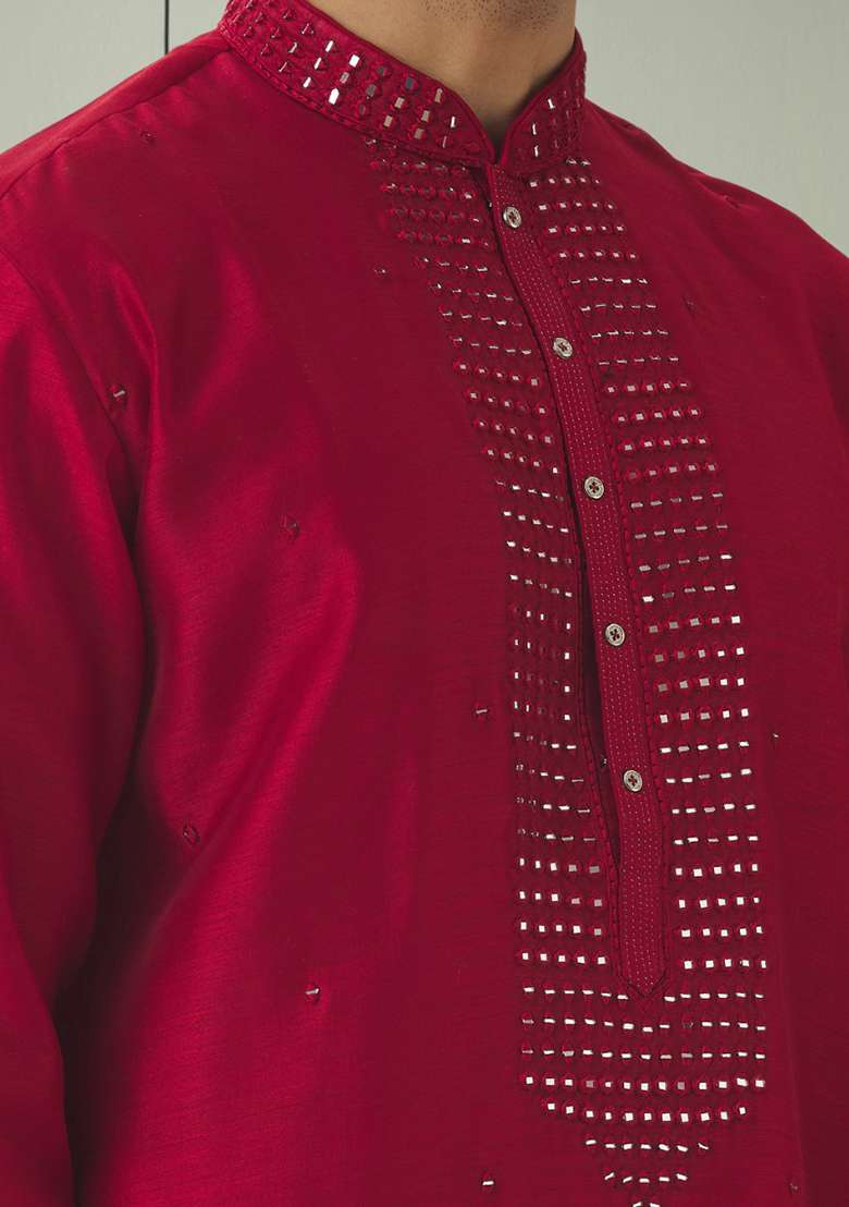 Red Embroidered Silk Blend Kurta Set For Men - Indya