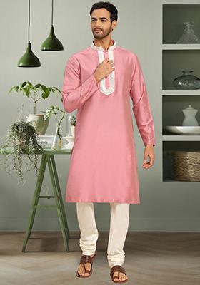 Pink Embroidered Silk Blend Kurta Set For Men