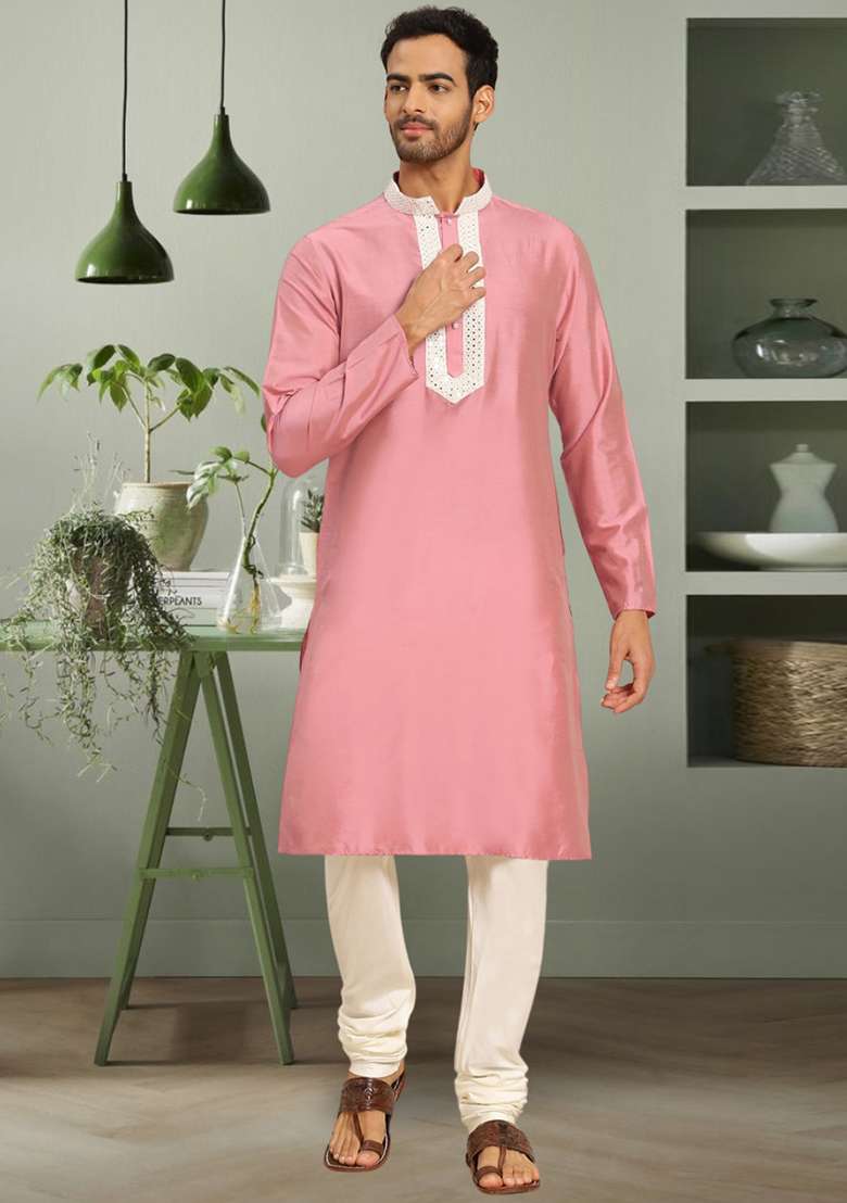 Pink Embroidered Silk Blend Kurta Set For Men - Indya