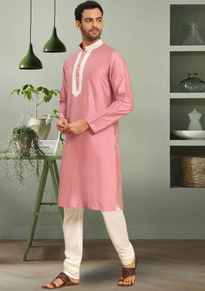 Pink Embroidered Silk Blend Kurta Set For Men - Indya