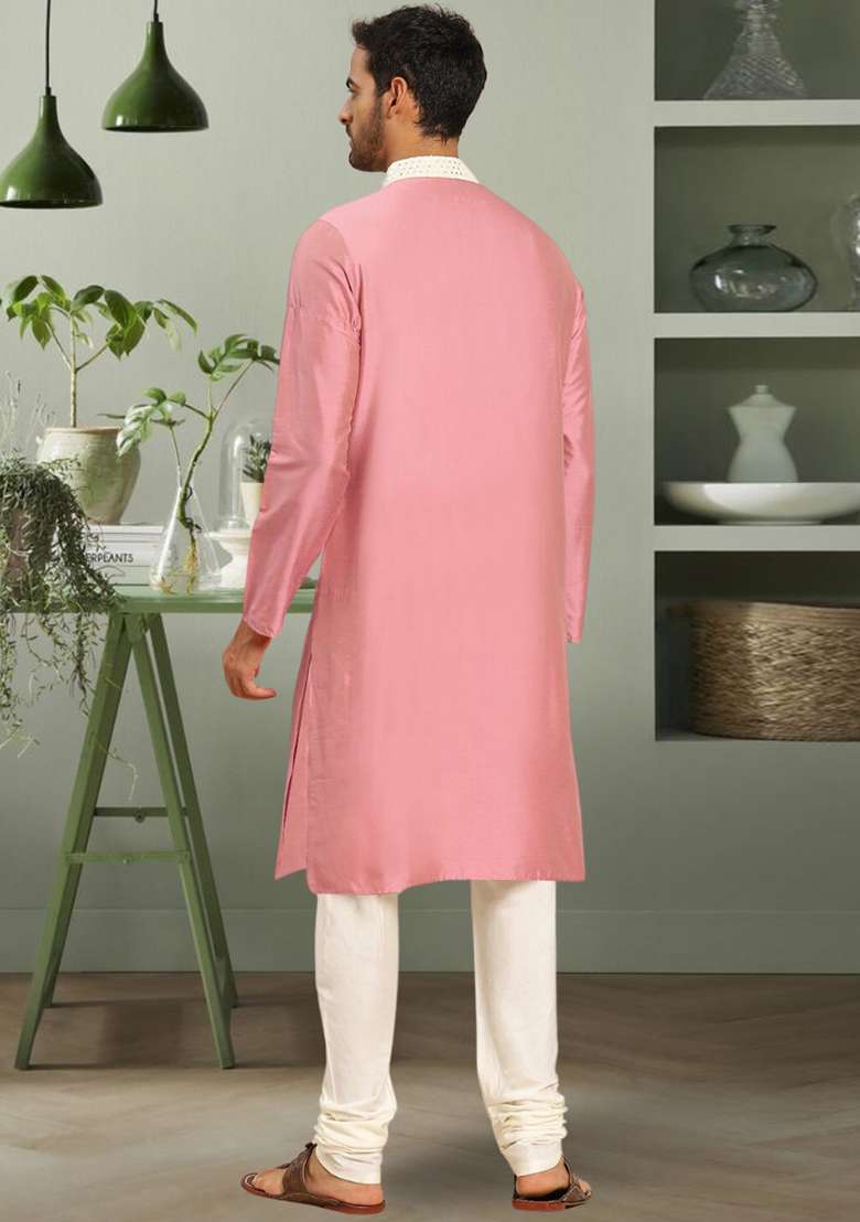 Pink Embroidered Silk Blend Kurta Set For Men - Indya