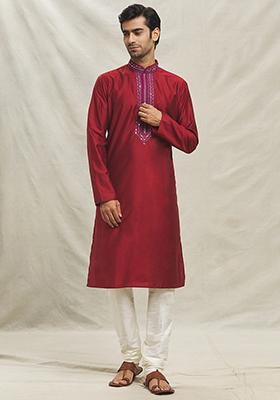 Red Embroidered Silk Blend Kurta Set For Men