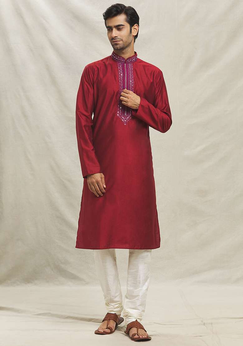 Red Embroidered Silk Blend Kurta Set For Men - Indya