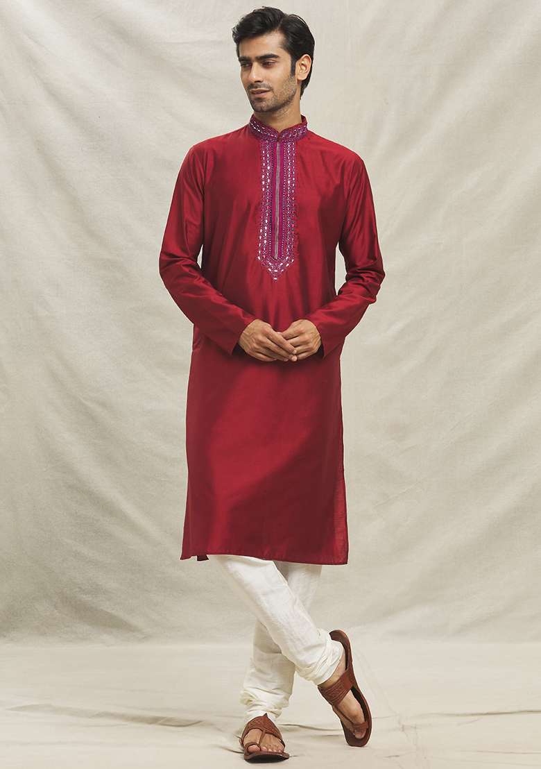 Red Embroidered Silk Blend Kurta Set For Men - Indya