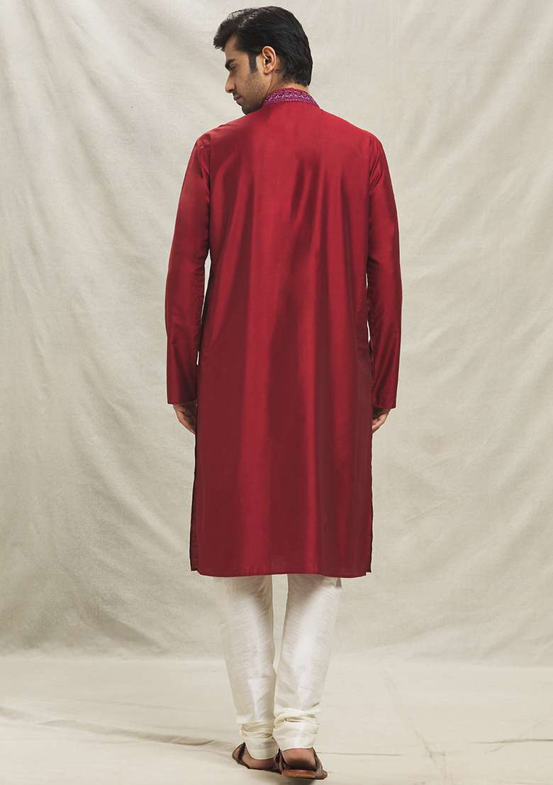 Red Embroidered Silk Blend Kurta Set For Men - Indya