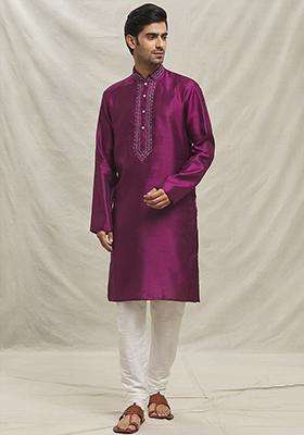 Rani Pink Embroidered Silk Blend Kurta Set For Men