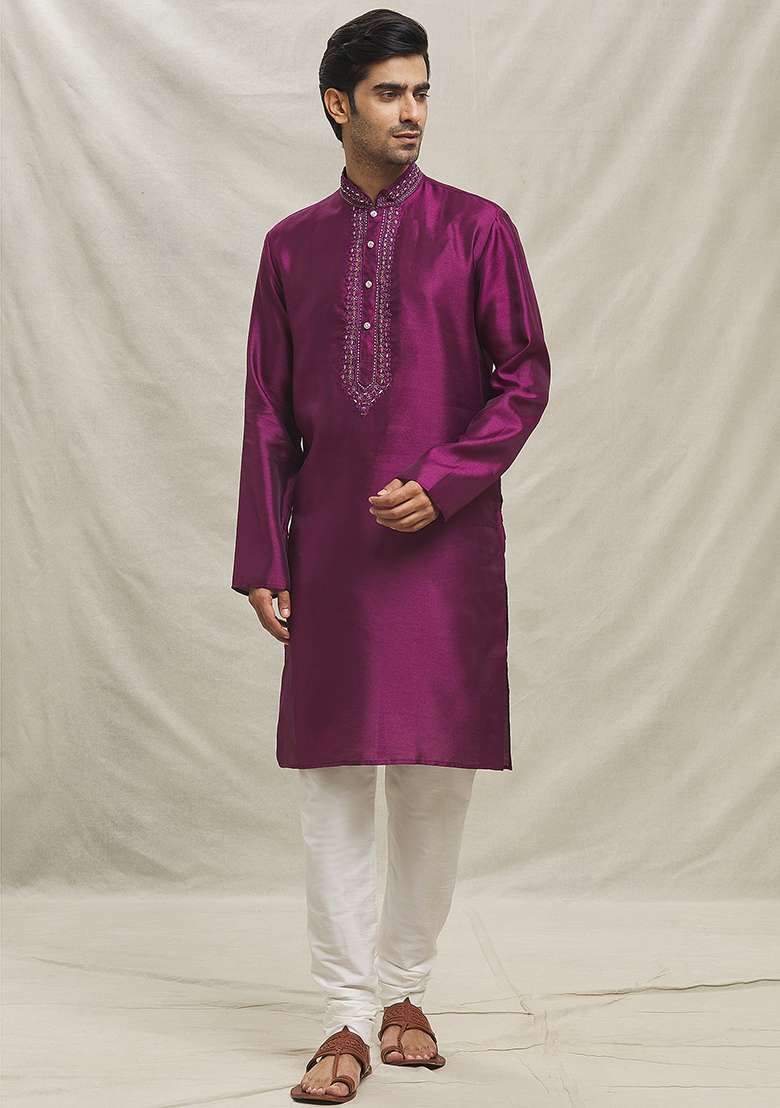 Rani Pink Embroidered Silk Blend Kurta Set For Men - Indya