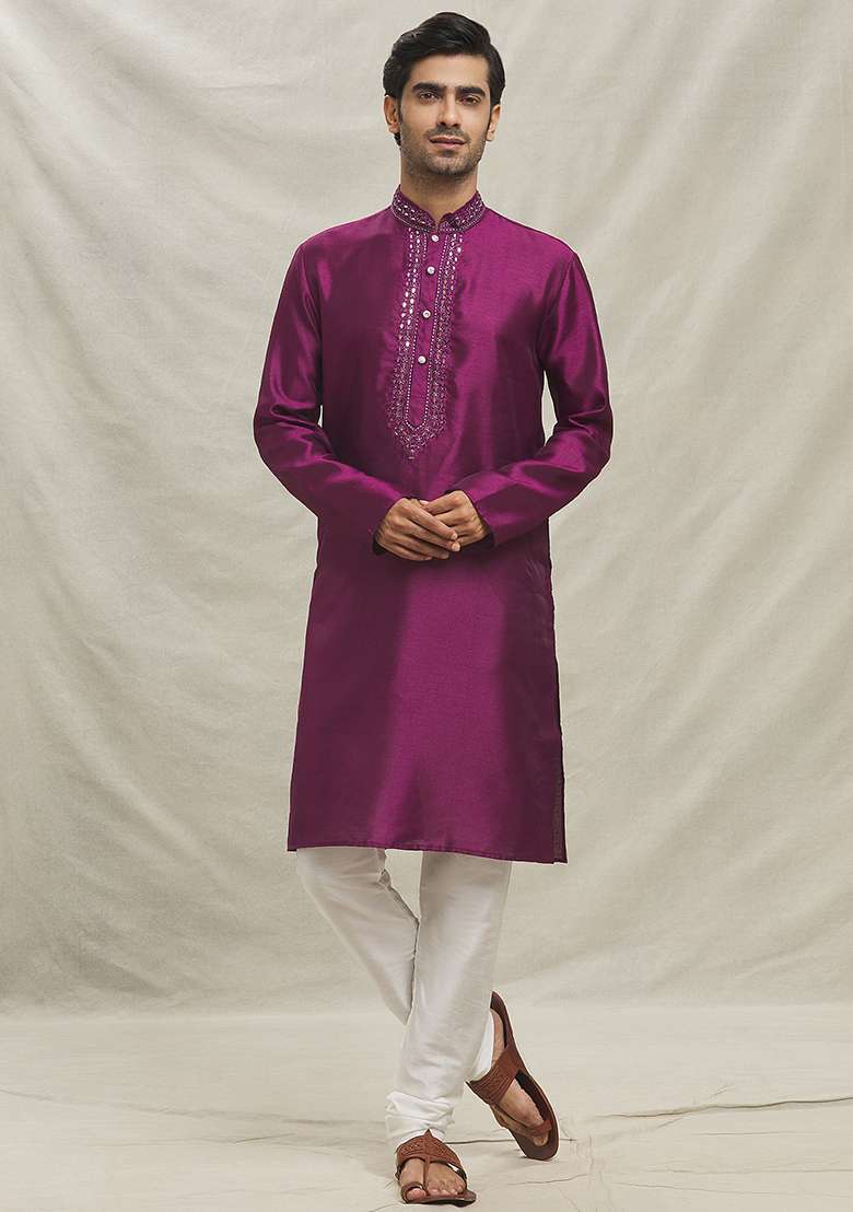 Rani Pink Embroidered Silk Blend Kurta Set For Men - Indya