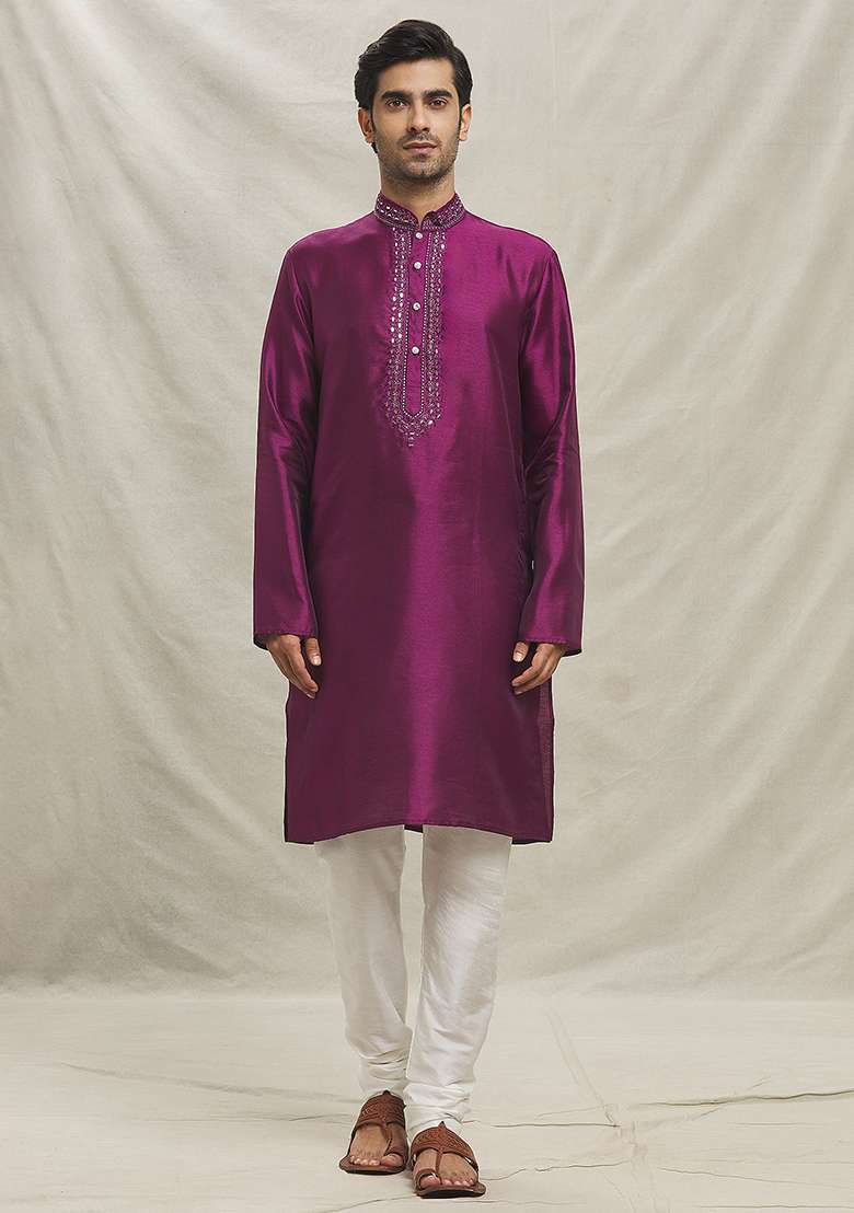 Rani Pink Embroidered Silk Blend Kurta Set For Men - Indya