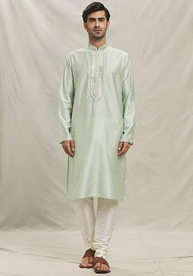Pista Green Embroidered Silk Blend Kurta Set For Men