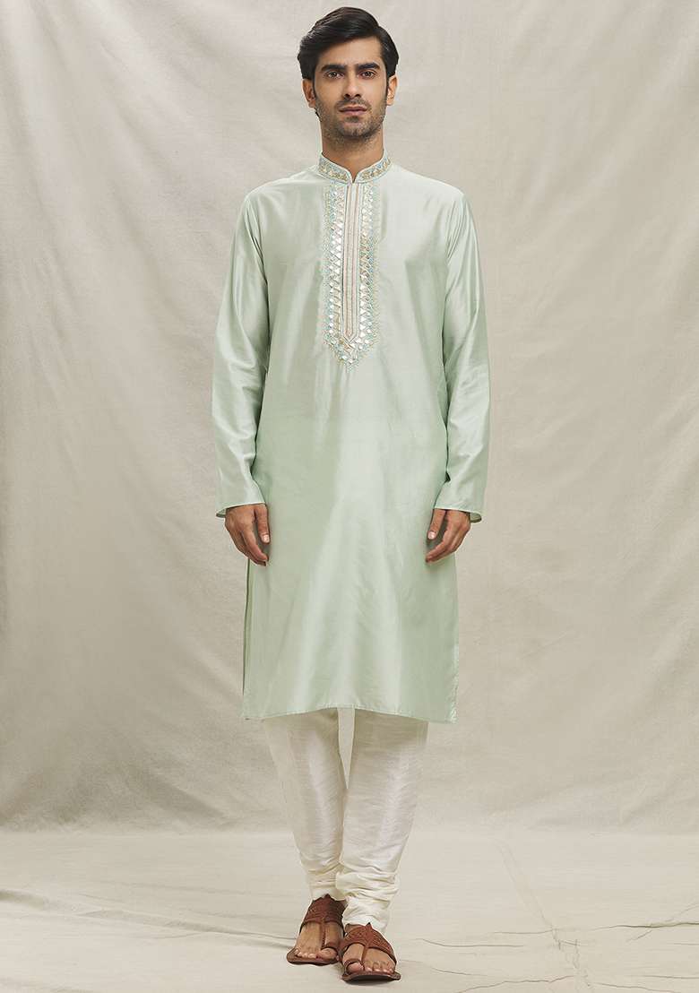 Pista Green Embroidered Silk Blend Kurta Set For Men - Indya