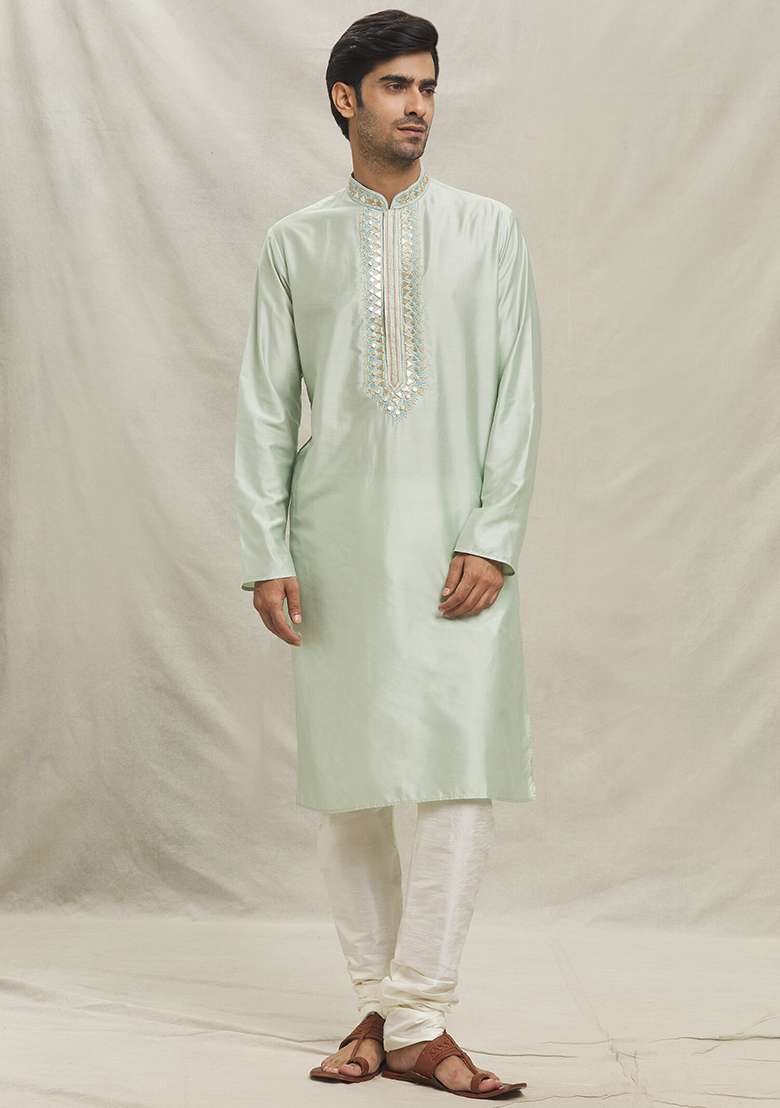 Pista Green Embroidered Silk Blend Kurta Set For Men - Indya