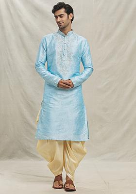 Sky Blue Embroidered Silk Blend Kurta Set For Men