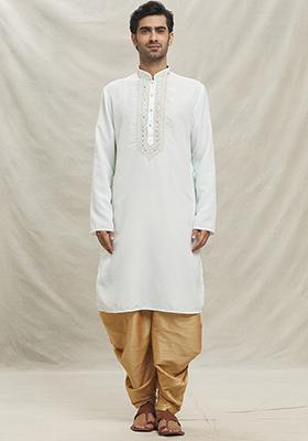 Off White Embroidered Silk Blend Kurta Set For Men