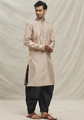 Grey Embroidered Silk Blend Kurta Set For Men