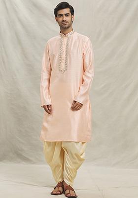 Powder Pink Embroidered Silk Blend Kurta Set For Men