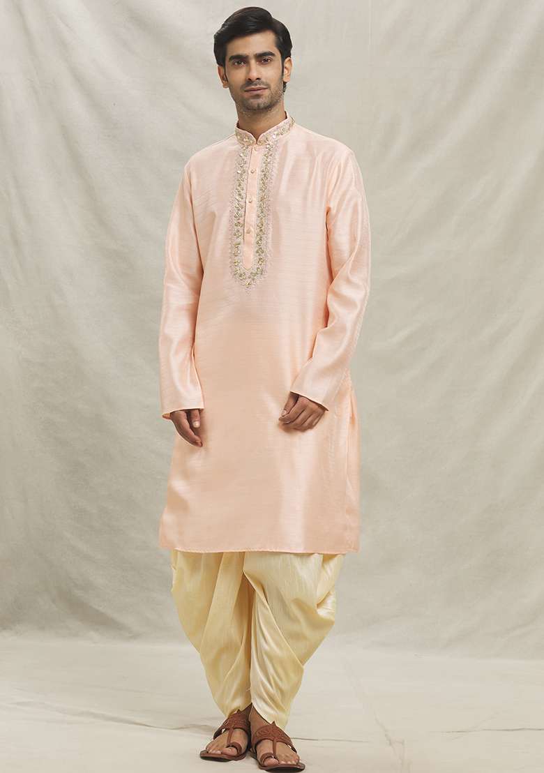Powder Pink Embroidered Silk Blend Kurta Set For Men - Indya